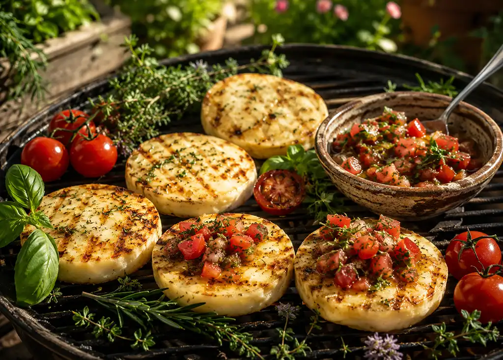 Albers Käse Grilltaler Kräuter vom Grill mit Tomaten-Kräuter-Salsa