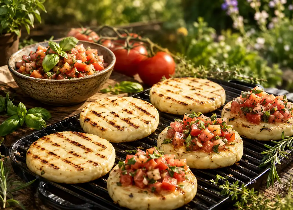 Albers Käse Grilltaler Natur vom Grill mit Tomaten-Kräuter-Salsa