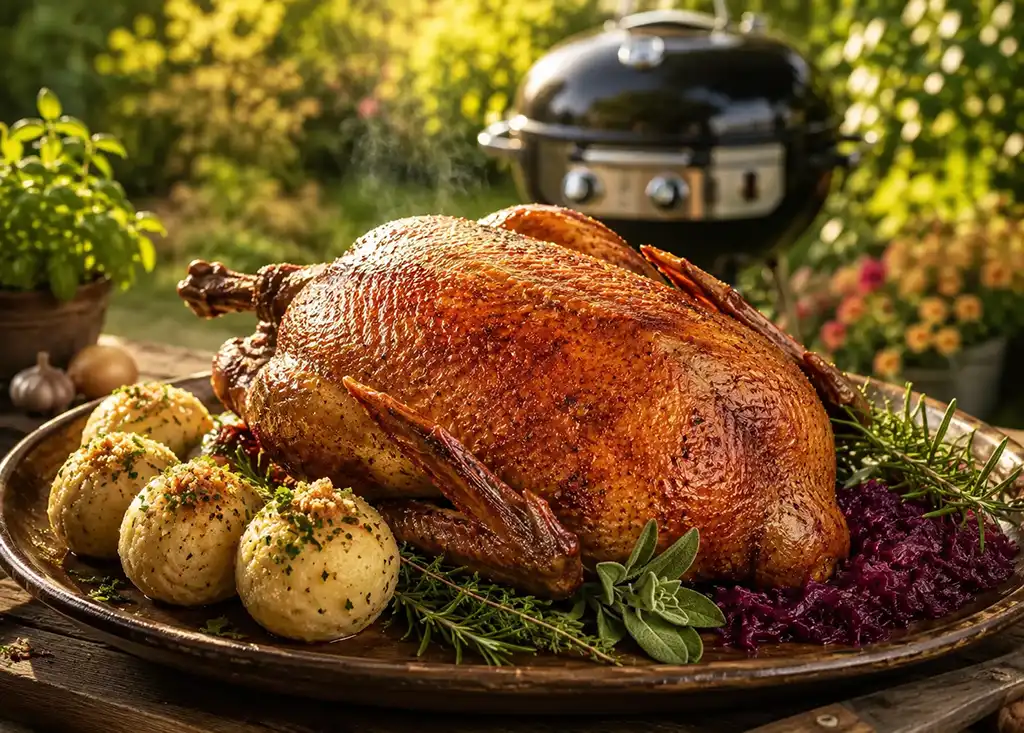 bayerische Gans aus Weidehaltung aus der Gaskugel mit Blaukraut und Knoedeln