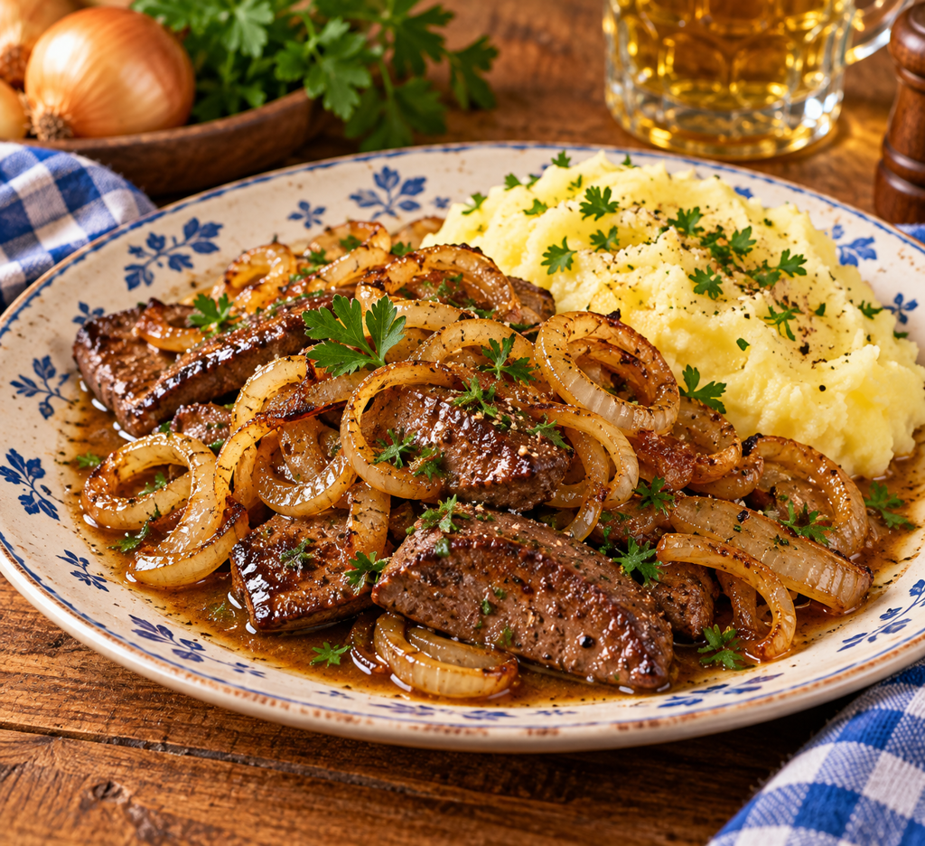 Lammleber bayerischer Art – mit Röstzwiebeln, Apfel und hausgemachtem Kartoffelpüree
