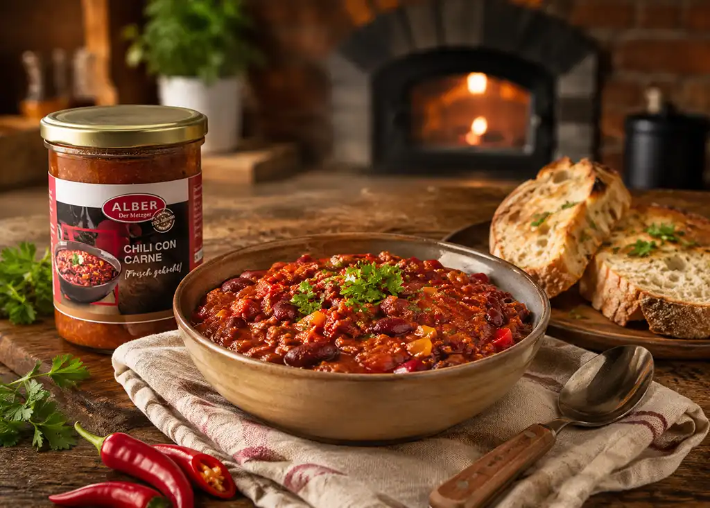 Chili con Carne aus dem Ofen mit hausgemachter Beilage