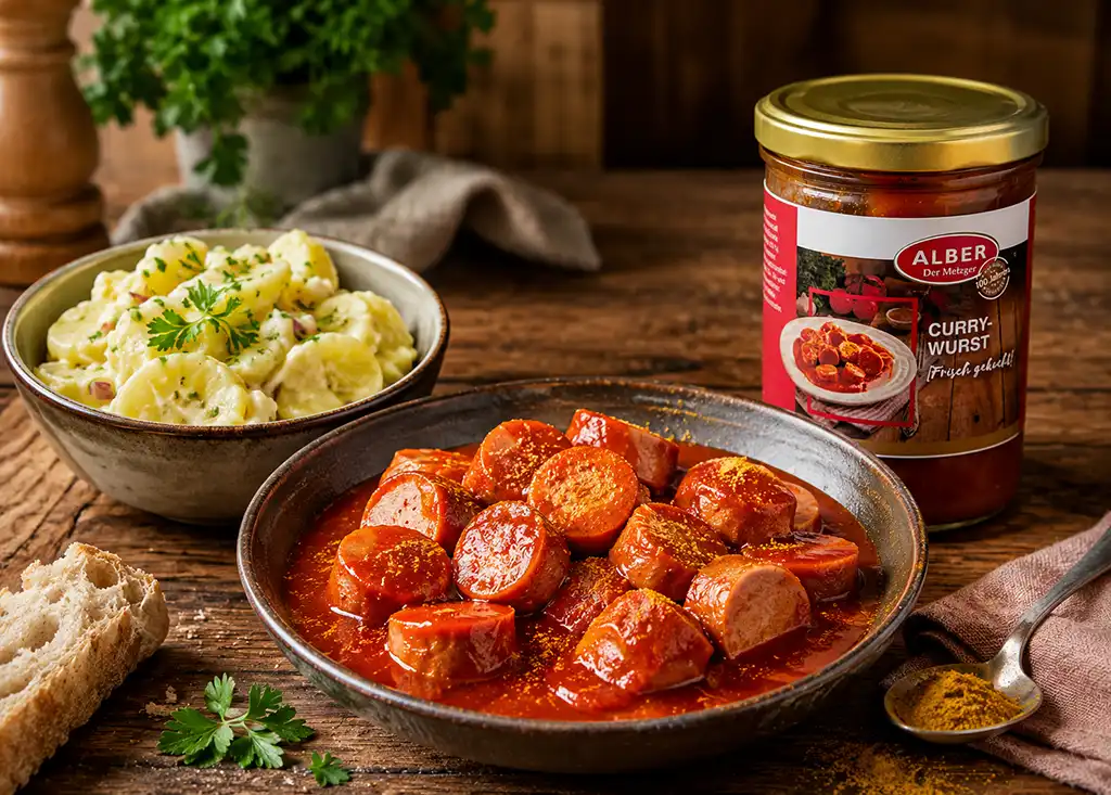 Currywurst im Glas mit Kartoffelsalat