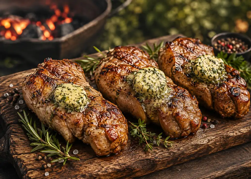 Fledermaus-Steak vom Schwein vom Grill mit Kraeuterbutter
