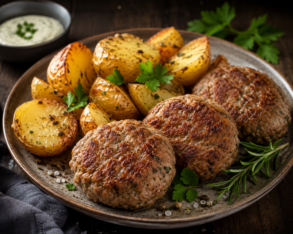 Fleischpflänzchen, Frikadellen, Buletten vorgegart aus dem Ofen mit Ofenkartoffeln