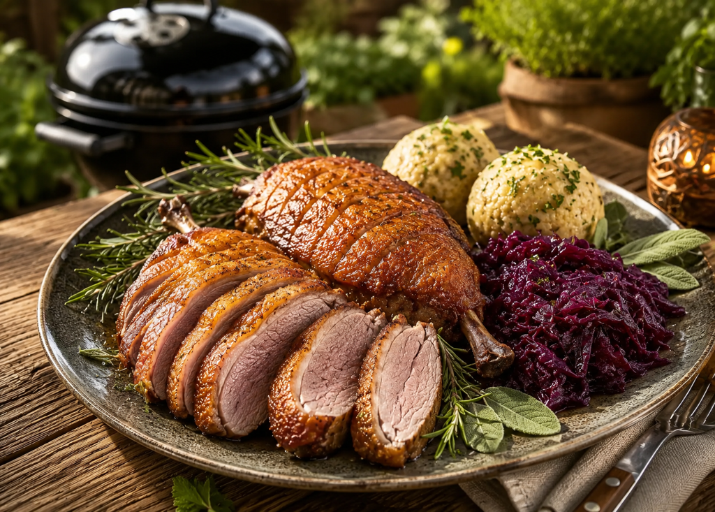 Gänsebrust mit Knochen aus Ungarn aus der Gaskugel mit Blaukraut und Knoedeln