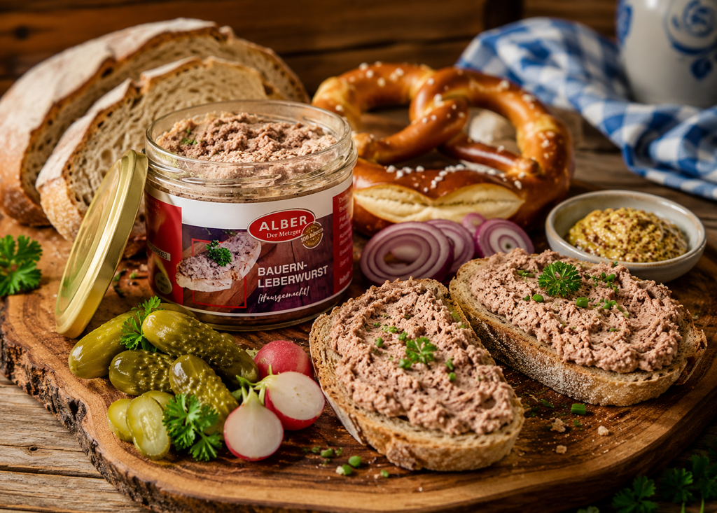 Bayerische Brettljause mit Bauernleberwurst im Glas