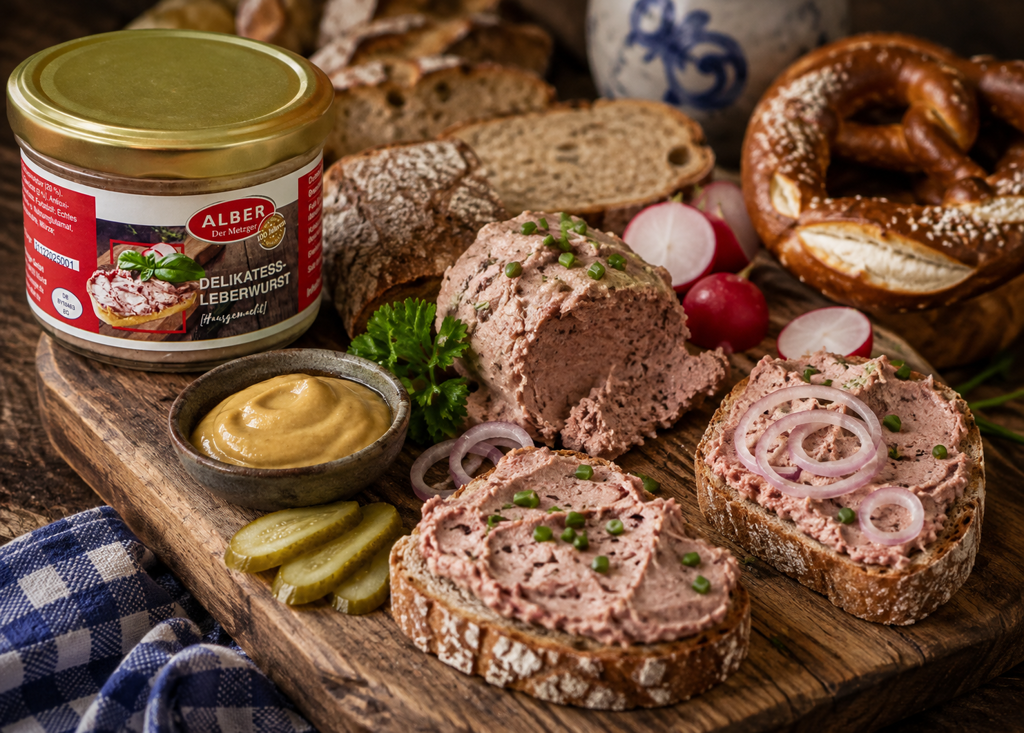 Bayerische Brettljause mit Delikatess-Leberwurst im Glas