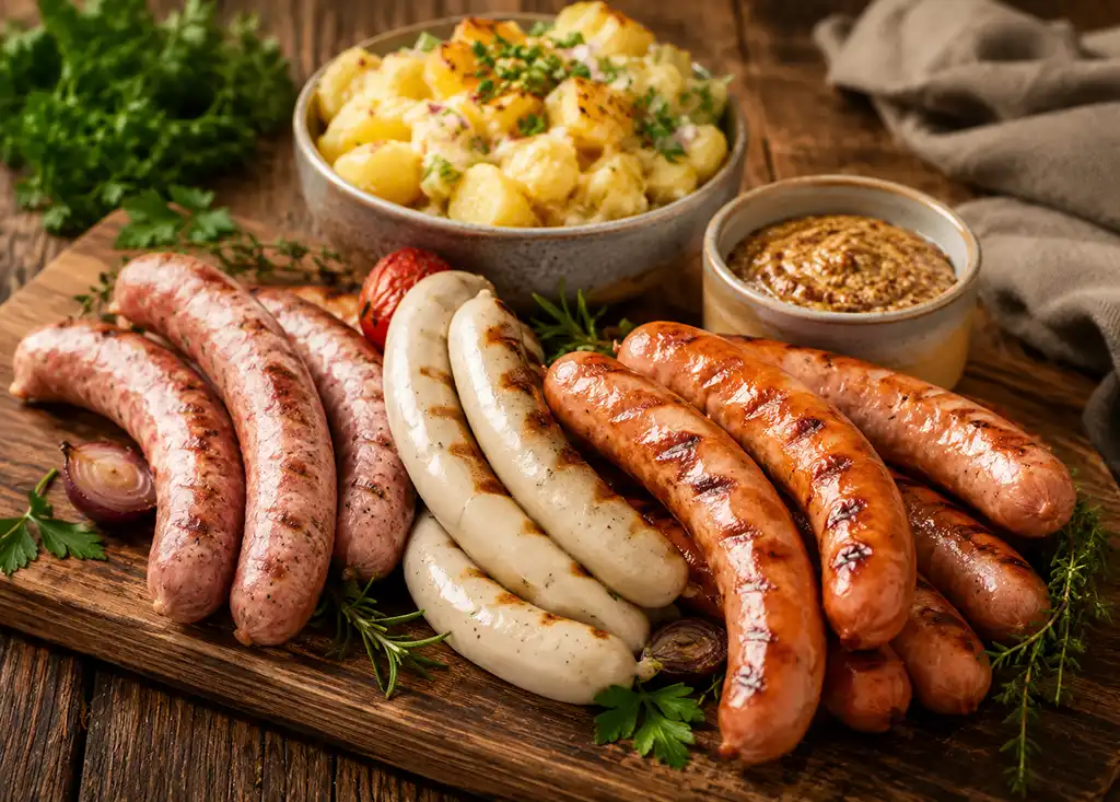 Grillwuerstl mit Albers süßer Weißwurstsenf und Kartoffelsalat