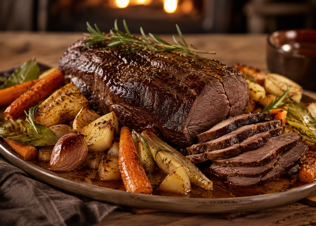 Hirschbraten aus dem Ofen mit Wurzelgemüse
