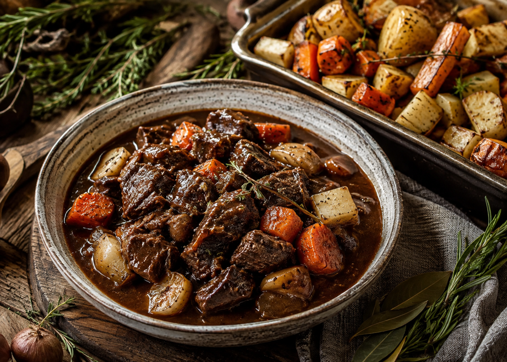 Hirschgulasch aus dem Ofen mit Wurzelgemüse