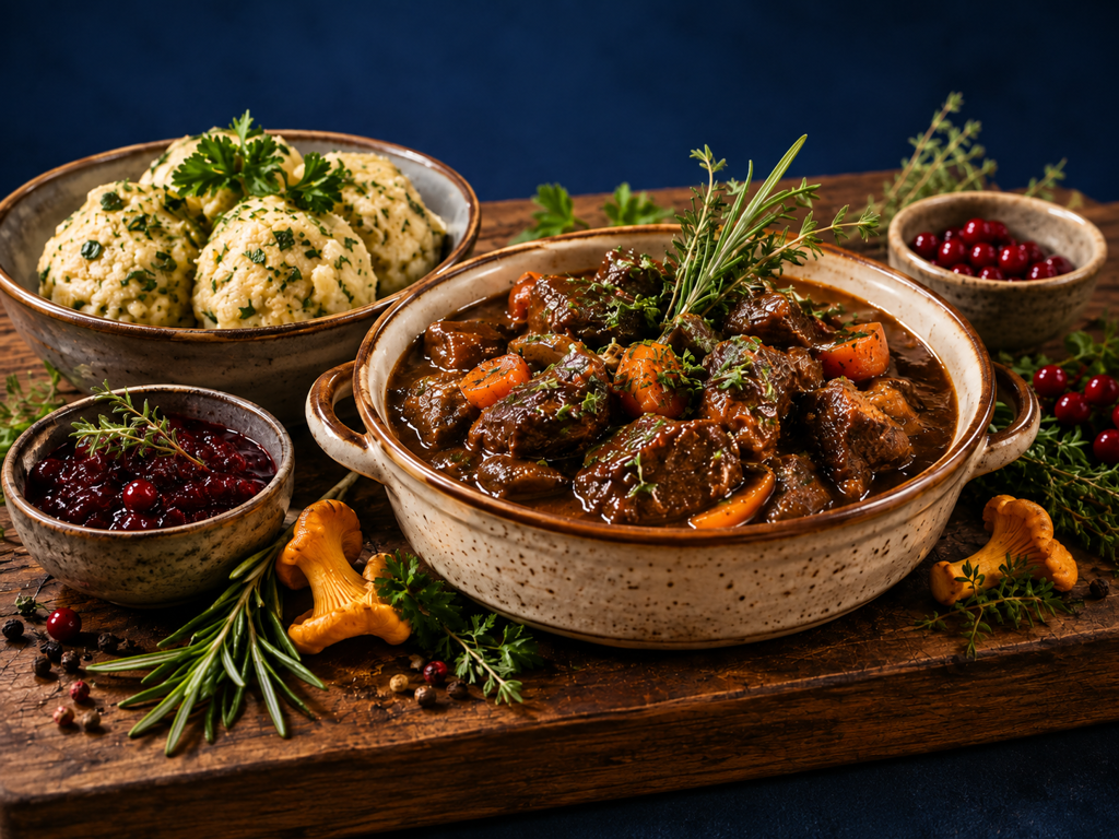Hirschragout aus dem Ofen mit hausgemachter Beilage