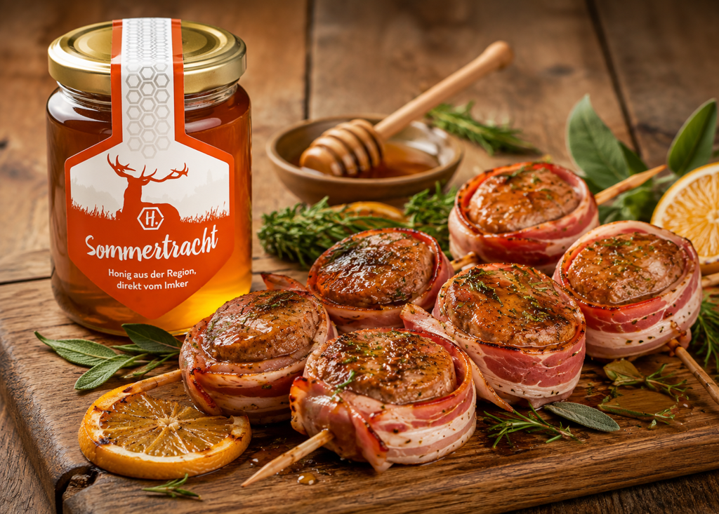 Honigglasierte Filet-Grillspiesse mit Hirschpointer Honig Somertracht