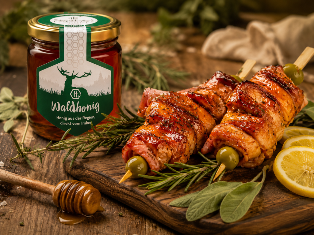 Honigglasierte Grillspiesse mit Hirschpointer Waldhonig