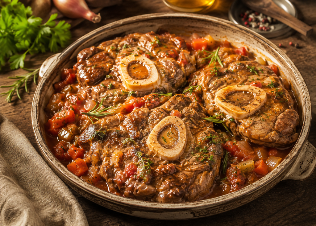 Osso Buco aus Kalbshaxe vorn mit Tomaten und Weißwein