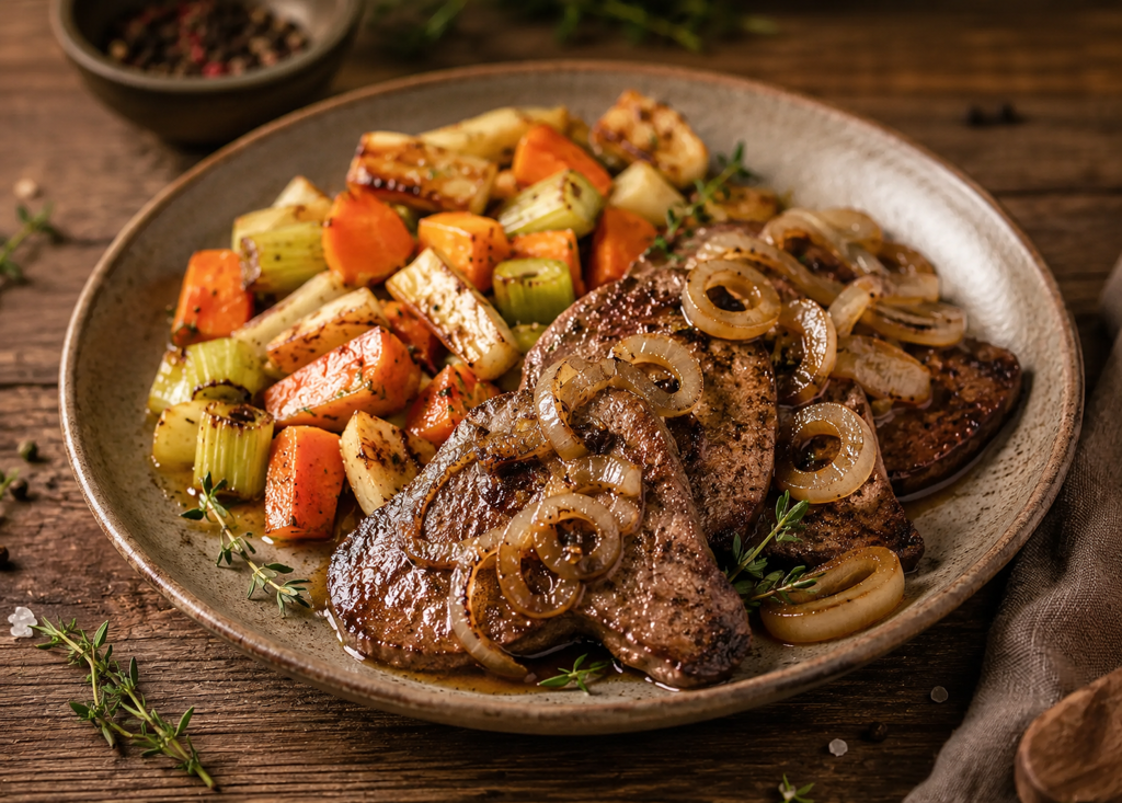 Kalbsleber mit Zwiebeln und Wurzelgemüse