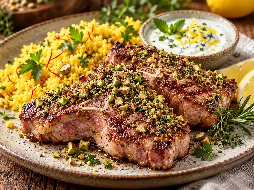 Lammkoteletts mit Pistazien-Kräuter-Kruste, Zitronen-Joghurt und Safran-Couscous