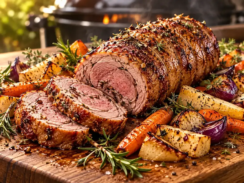 Lammrollbraten aus der Gaskugel mit Wurzelgemüse