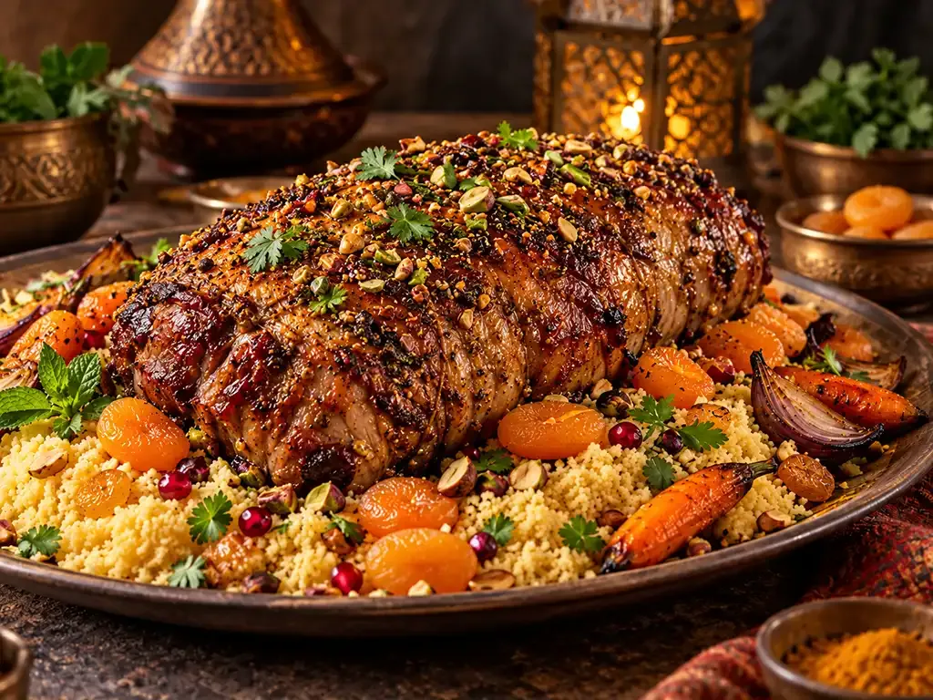 Orientalische Lammkeule aus dem Ofen mit Aprikosen und Couscous