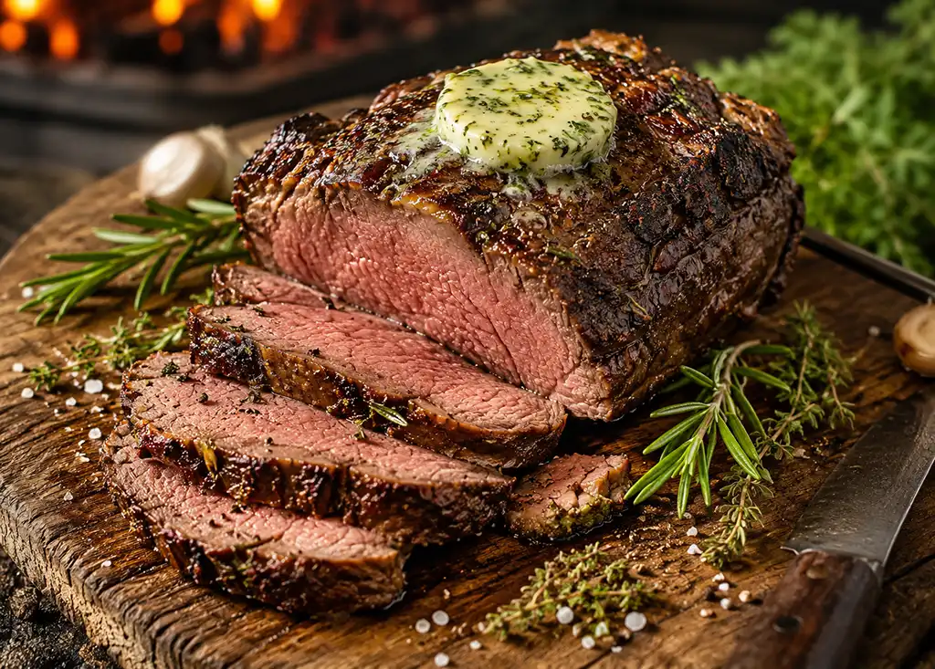 Wildschweinrücken ohne Knochen vom Grill mit Kräuterbutter