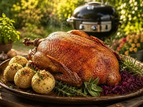 bayerische Gans aus Weidehaltung aus der Gaskugel mit Blaukraut und Knoedeln