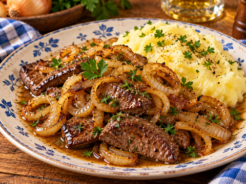 Lammleber bayerischer Art – mit Röstzwiebeln, Apfel und hausgemachtem Kartoffelpüree