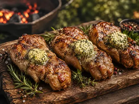 Fledermaus-Steak vom Schwein vom Grill mit Kraeuterbutter