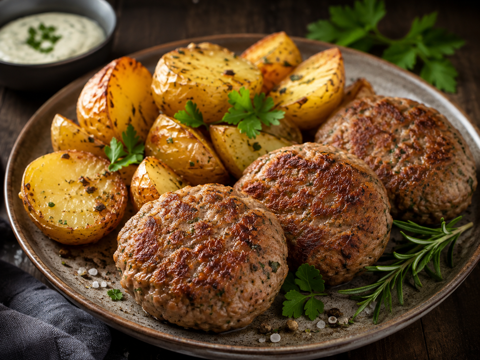 Fleischpflänzchen, Frikadellen, Buletten vorgegart aus dem Ofen mit Ofenkartoffeln