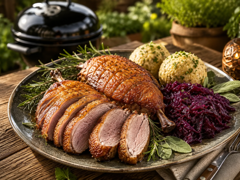 Gänsebrust mit Knochen aus Ungarn aus der Gaskugel mit Blaukraut und Knoedeln