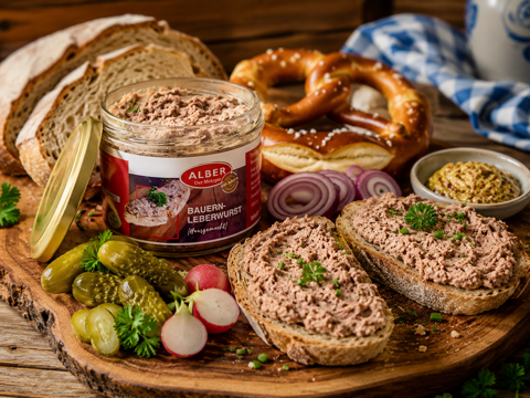 Bayerische Brettljause mit Bauernleberwurst im Glas