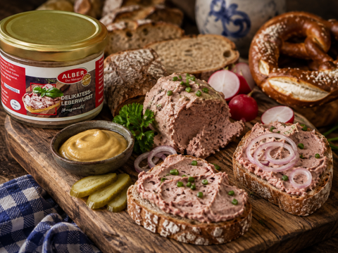 Bayerische Brettljause mit Delikatess-Leberwurst im Glas