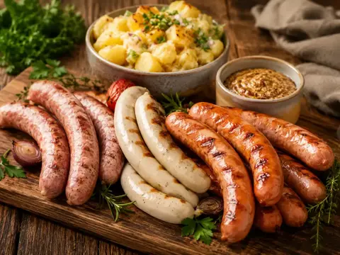 Grillwuerstl mit Albers süßer Weißwurstsenf und Kartoffelsalat