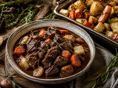 Hirschgulasch aus dem Ofen mit Wurzelgemüse