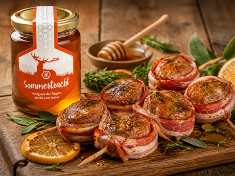 Honigglasierte Filet-Grillspiesse mit Hirschpointer Honig Somertracht