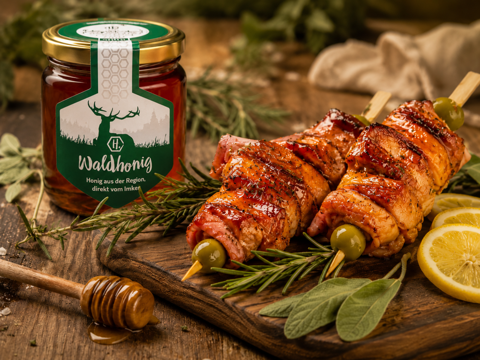Honigglasierte Grillspiesse mit Hirschpointer Waldhonig