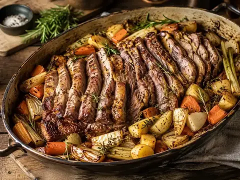 Kalbsbrust ohne Knochen aus dem Ofen mit Wurzelgemüse