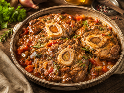 Osso Buco aus Kalbshaxe vorn mit Tomaten und Weißwein