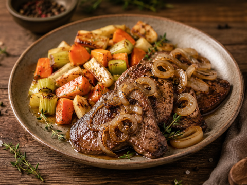 Kalbsleber mit Zwiebeln und Wurzelgemüse