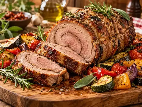 Lammrollbraten italienische Art aus dem Ofen mit Tomaten und Rosmarinkartoffeln