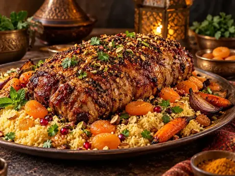 Orientalische Lammkeule aus dem Ofen mit Aprikosen und Couscous