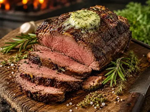 Wildschweinrücken ohne Knochen vom Grill mit Kräuterbutter