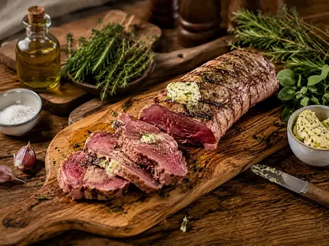 Ziegenrücken ohne Knochen vom Grill mit Kräuterbutter
